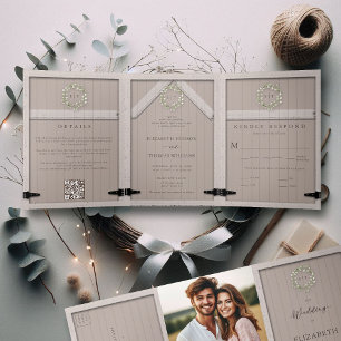 Rustieke schuur Hout Eucalyptus Crest Elegant Huwe Drieluik Uitnodiging