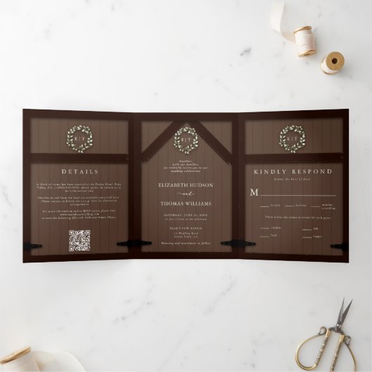 Rustieke schuur hout Eucalyptus Crest formele brui Drieluik Uitnodiging (Binnen)