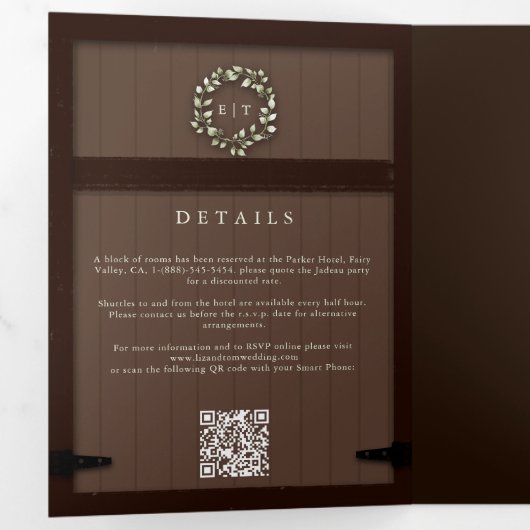 Rustieke schuur hout Eucalyptus Crest formele brui Drieluik Uitnodiging (Binnenzijde eerst)