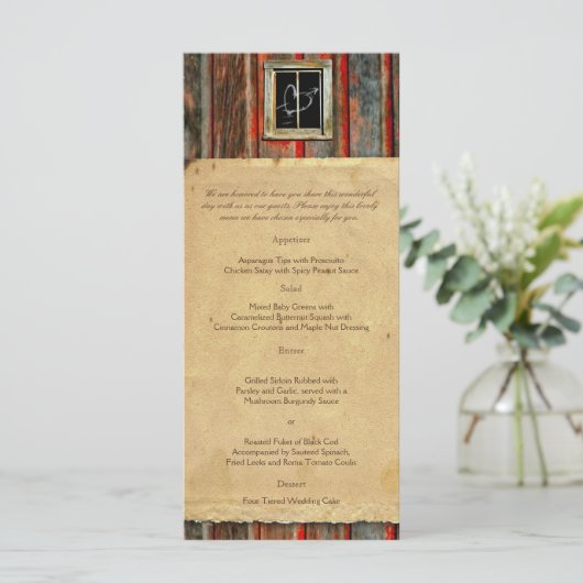 Rustieke schuur hout graffiti hart bruiloft menu (Staand voorkant)