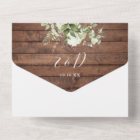 Rustieke schuur hout groen bloemenbruiloft all in one uitnodiging (Achterkant)