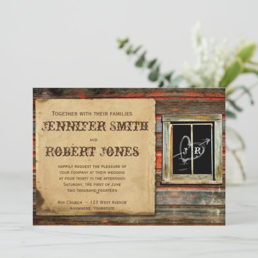 Rustieke schuur hout hart raam bruiloft uitnodigin kaart (Staand voorkant)