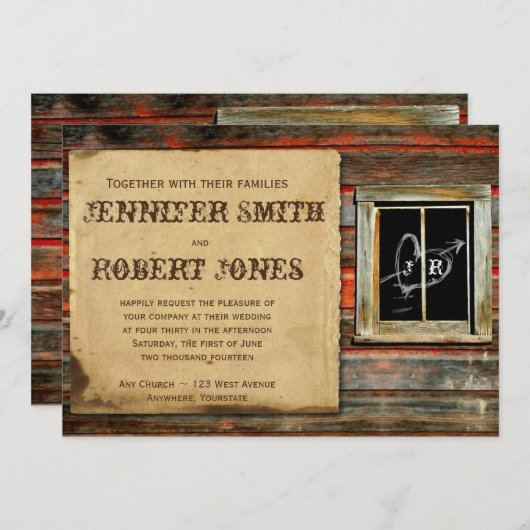 Rustieke schuur hout hart raam bruiloft uitnodigin kaart (Voorkant / Achterkant)
