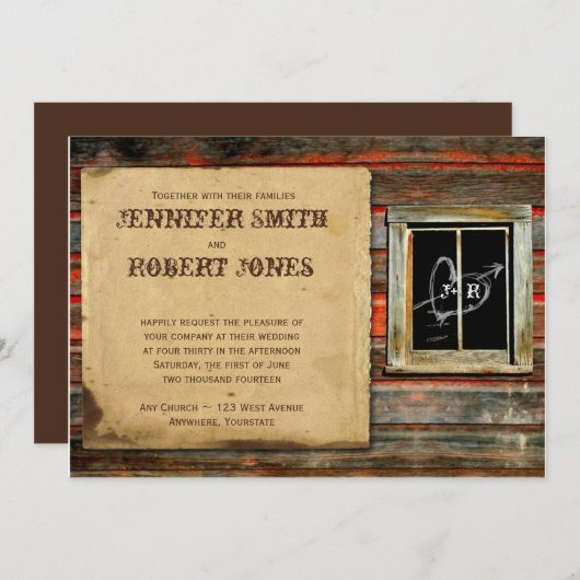 Rustieke schuur hout hart raam bruiloft uitnodigin kaart (Voorkant / Achterkant)