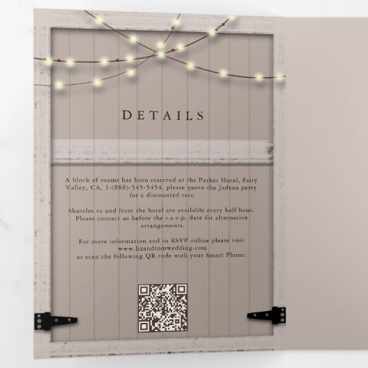 Rustieke schuur hout kalligrafie elegante foto bru drieluik uitnodiging (Binnenzijde eerst)