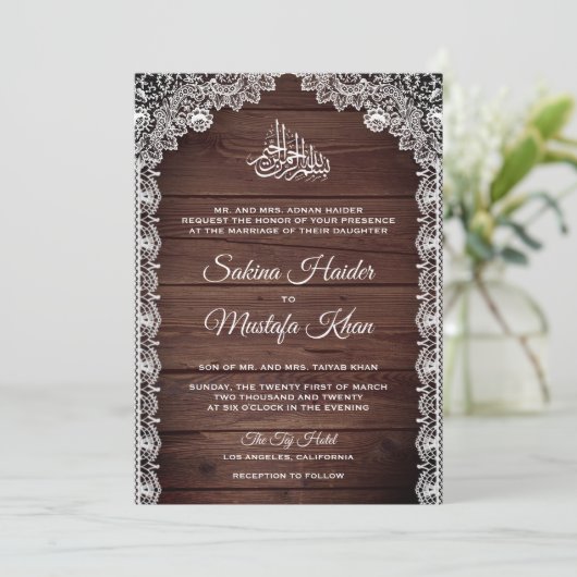  rustieke schuur hout kant islamitische bruiloft kaart (Staand voorkant)