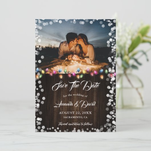 Rustieke Schuur Hout Kant Lichten Vakantie Trouwfo Save The Date (Staand voorkant)