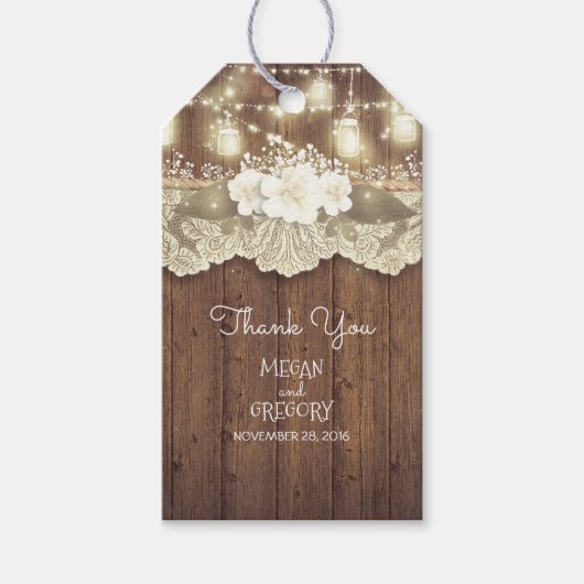 Rustieke schuur hout kant Mason Jar Lights Bruilof Cadeaulabel (Voorkant)