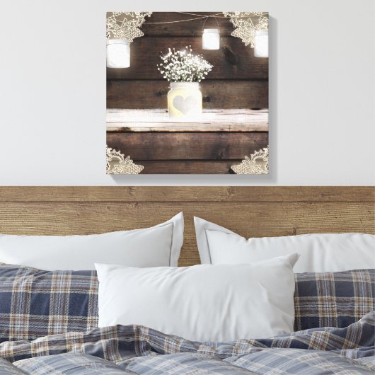 Rustieke schuur hout kant Mason Jars & Baby's Brea Canvas Afdruk (Insitu (Slaapkamer))