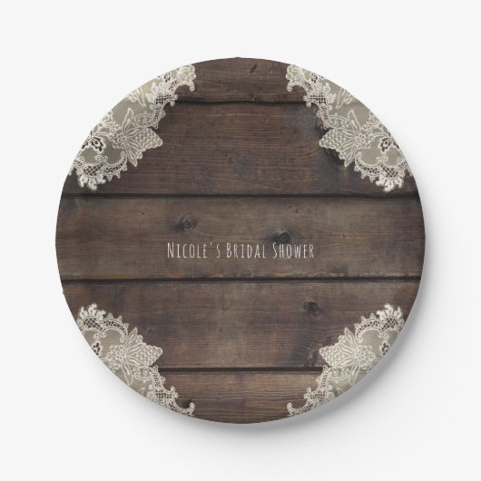 Rustieke schuur hout & kant romantische bruiloft r papieren bordje (Voorkant)