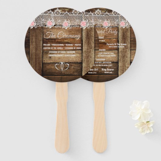 Rustieke Schuur Hout & Kant Wedding Programma Handwaaier (Voorkant en achterkant)