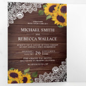 Rustieke schuur hout kant zonnebloem bruiloft foto drieluik uitnodiging (Binnenzijde eerst)