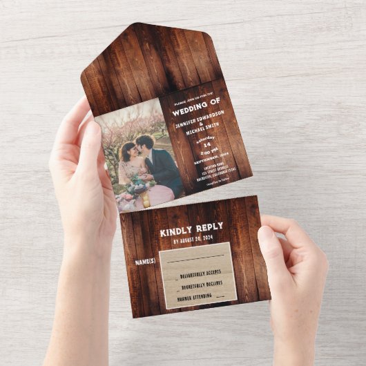 Rustieke schuur hout land foto Bruiloft All In One Uitnodiging (Afscheurbaar)