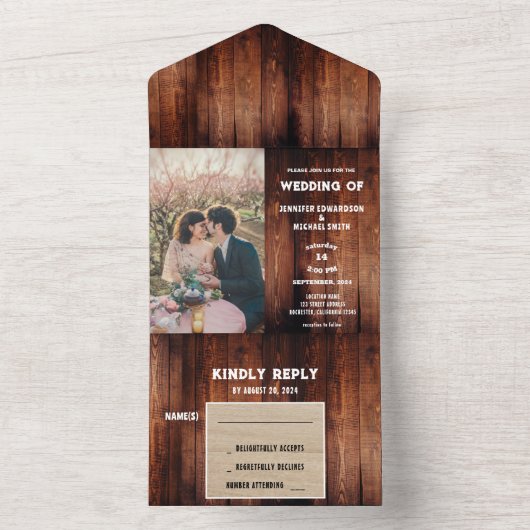 Rustieke schuur hout land foto Bruiloft All In One Uitnodiging (Binnen)