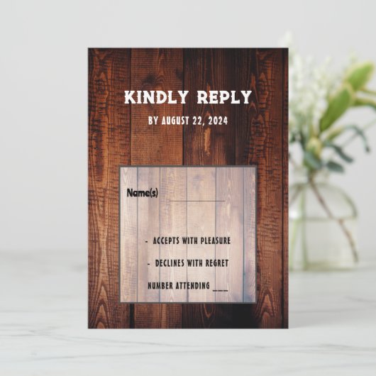 Rustieke schuur hout landelijke land bruiloft RSVP Kaart (Staand voorkant)