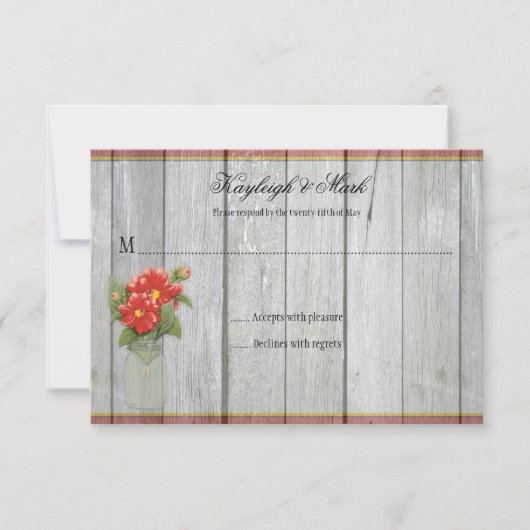 Rustieke schuur hout Mason Jar Red Dahlias RSVPs RSVP Kaartje (Voorkant)