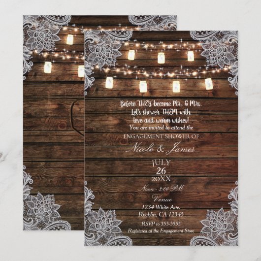 Rustieke schuur hout & Mason Jars Verloving Shower Kaart (Voorkant / Achterkant)