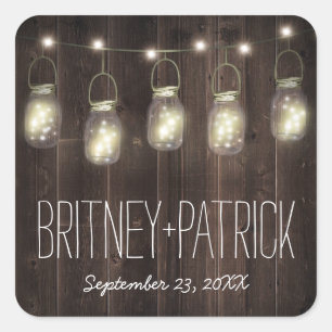 Rustieke schuur hout metselaar pot bruiloft gunste vierkante sticker
