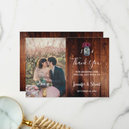 Rustieke schuur hout metselaar potje monogram foto bedankkaart