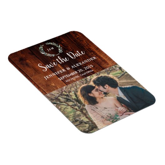 Rustieke schuur hout monogram foto Save the Date Magneet (Rechterzijde)