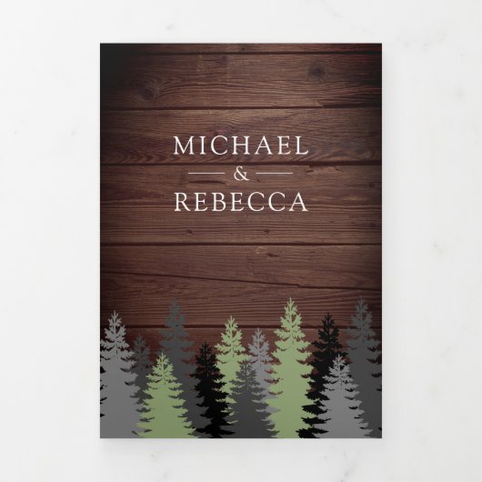 Rustieke schuur hout pijnbomen foto bos bruiloft drieluik uitnodiging (Cover)