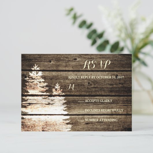 Rustieke schuur hout pijnbomen winter bruiloft RSV RSVP Kaartje (Staand voorkant)