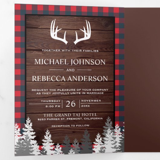 Rustieke schuur hout rode buffel geruite geweien b drieluik uitnodiging (Binnenzijde eerst)