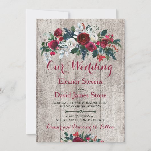 Rustieke  Schuur Hout Rood Groen Bloemen Huwelijk Kaart (Voorkant)