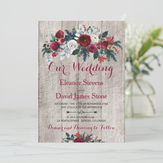 Rustieke  Schuur Hout Rood Groen Bloemen Huwelijk Kaart (Staand voorkant)