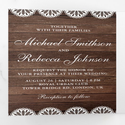 Rustieke Schuur Hout Scallop Kant Foto Huwelijk Drieluik Uitnodiging (Binnenzijde eerst)