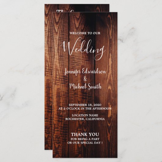 Rustieke schuur hout script land bruiloft programm programmakaart (Voorkant / Achterkant)