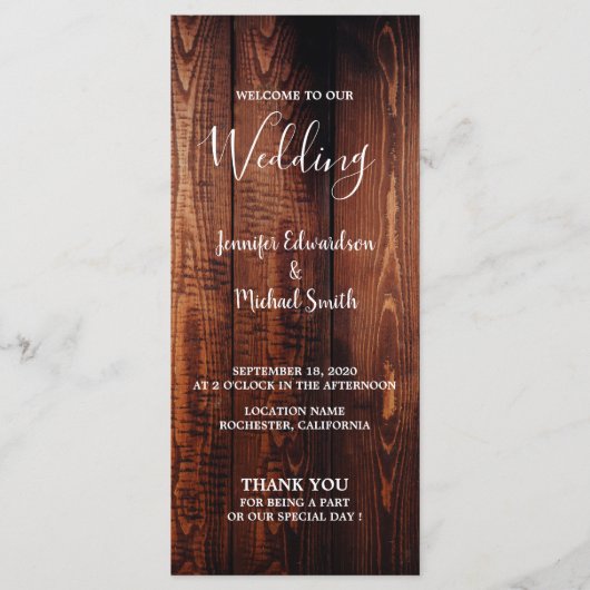 Rustieke schuur hout script land bruiloft programm programmakaart (Voorkant)