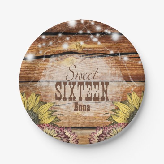 Rustieke Schuur Hout String Lichten Zonnebloemen Papieren Bordje (Voorkant)