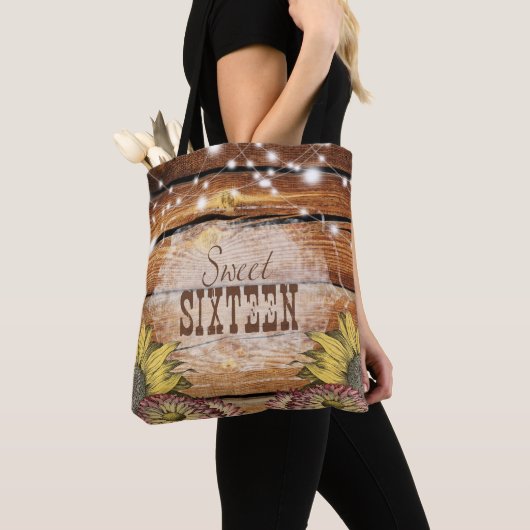 Rustieke Schuur Hout String Lichten Zonnebloemen Tote Bag (Dichtbij)