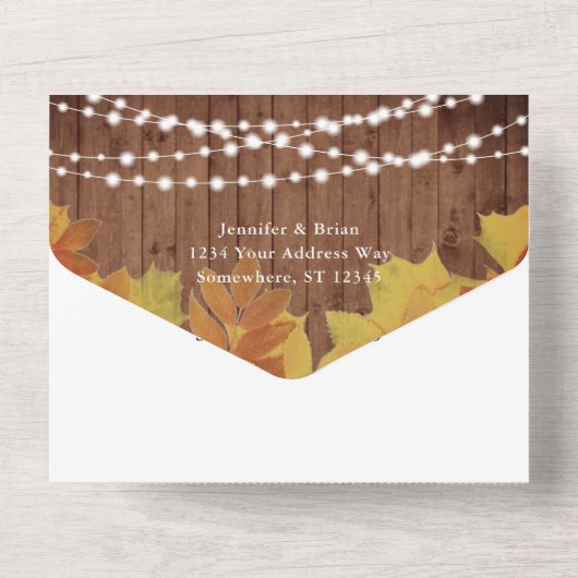 Rustieke Schuur Hout String Lights Fall Leaves Wed All In One Uitnodiging (Achterkant)