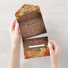 Rustieke Schuur Hout String Lights Fall Leaves Wed All In One Uitnodiging