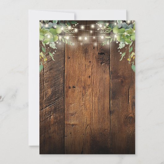 Rustieke Schuur Hout String Lights Greenery Weddin Kaart (Achterkant)