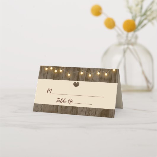 Rustieke Schuur Hout String Lights Trouwtafel Plaatskaartje (Voorkant)