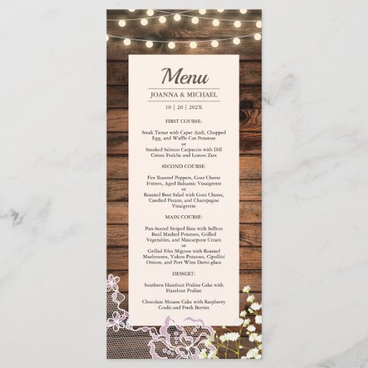 Rustieke schuur hout string verlichting & kant bru menu (Voorkant)