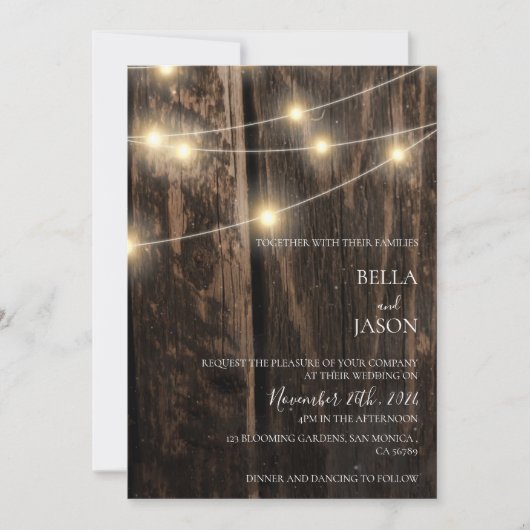 Rustieke schuur hout string verlichting land bruil kaart (Voorkant)