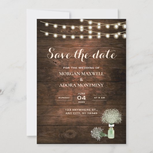 Rustieke schuur hout string verlichting Mason Jar  Save The Date (Voorkant)
