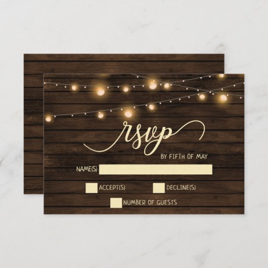 Rustieke schuur hout String verlichting Uitnodigin RSVP Kaartje (Voorkant / Achterkant)