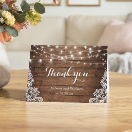 Rustieke schuur hout twinkelende lichten kant bedankkaart