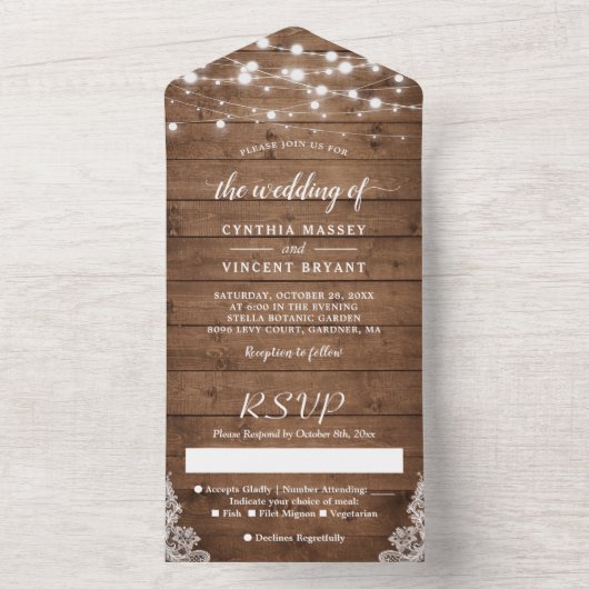 Rustieke schuur hout Twinkle Lights Bruiloft All In One Uitnodiging (Binnen)
