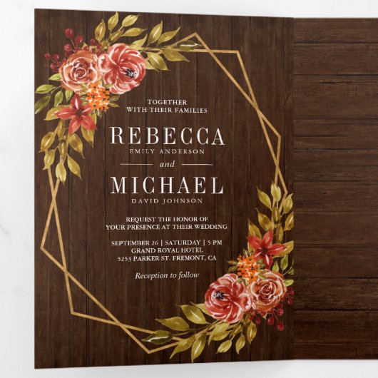 Rustieke schuur hout verbrand Sinaasappel Bloemen Drieluik Uitnodiging (Binnenzijde eerst)