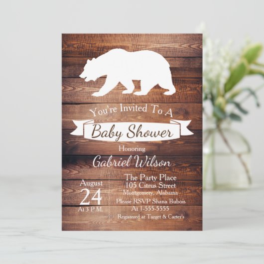 Rustieke Schuur Hout & Wit Beer Baby shower Kaart (Staand voorkant)