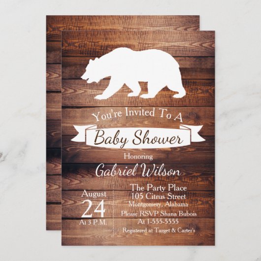 Rustieke Schuur Hout & Wit Beer Baby shower Kaart (Voorkant / Achterkant)