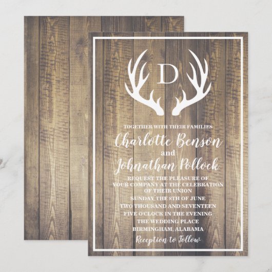 Rustieke schuur hout & witte herten gewei bruiloft kaart (Voorkant / Achterkant)