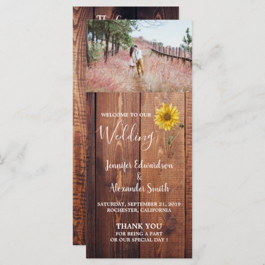 Rustieke schuur hout zonnebloem land bruiloft prog programmakaart (Voorkant / Achterkant)