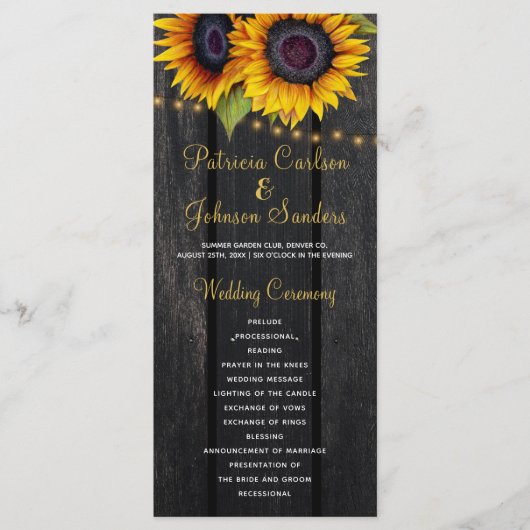 Rustieke schuur hout zonnebloemen bruiloft program programmakaart (Voorkant)